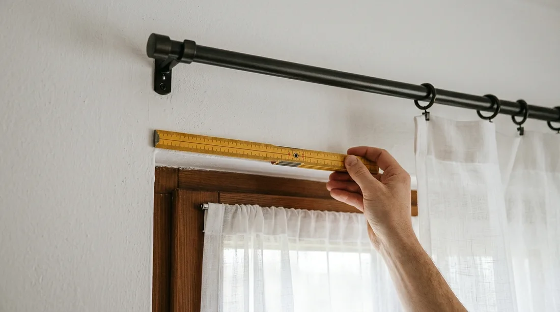 Zollstock an der Wand über einem Fenster, daneben eine montierte Gardinenstange