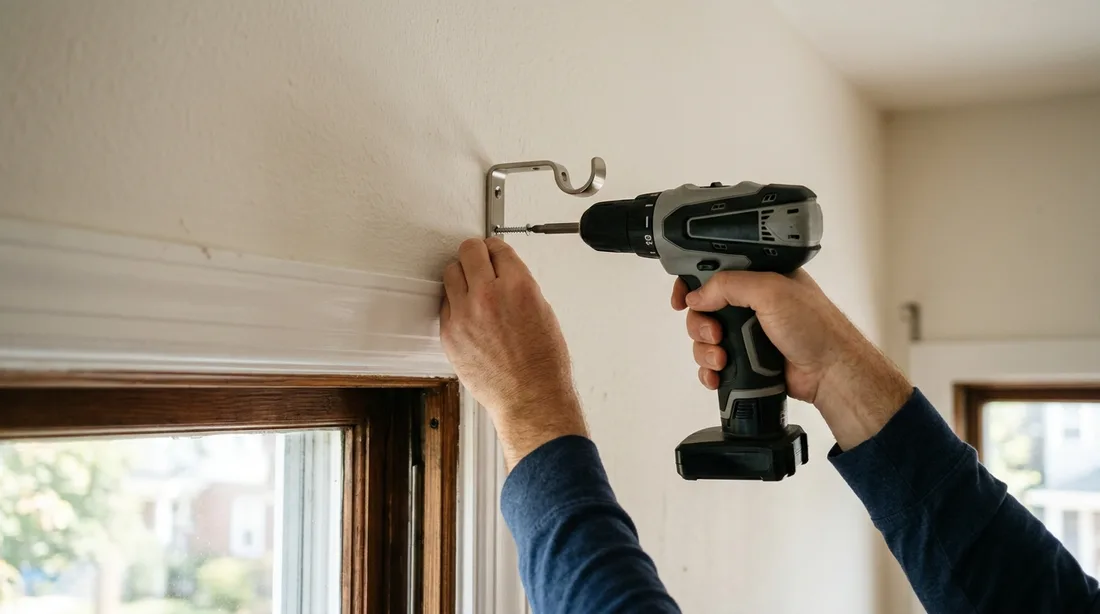 Wandträger einer Gardinenstange wird über dem Fensterrahmen angeschraubt