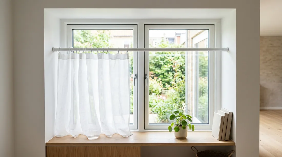 Weiße Klemmstange mit leichter Gardine in einer Fensterlaibung, ohne sichtbare Bohrlöcher