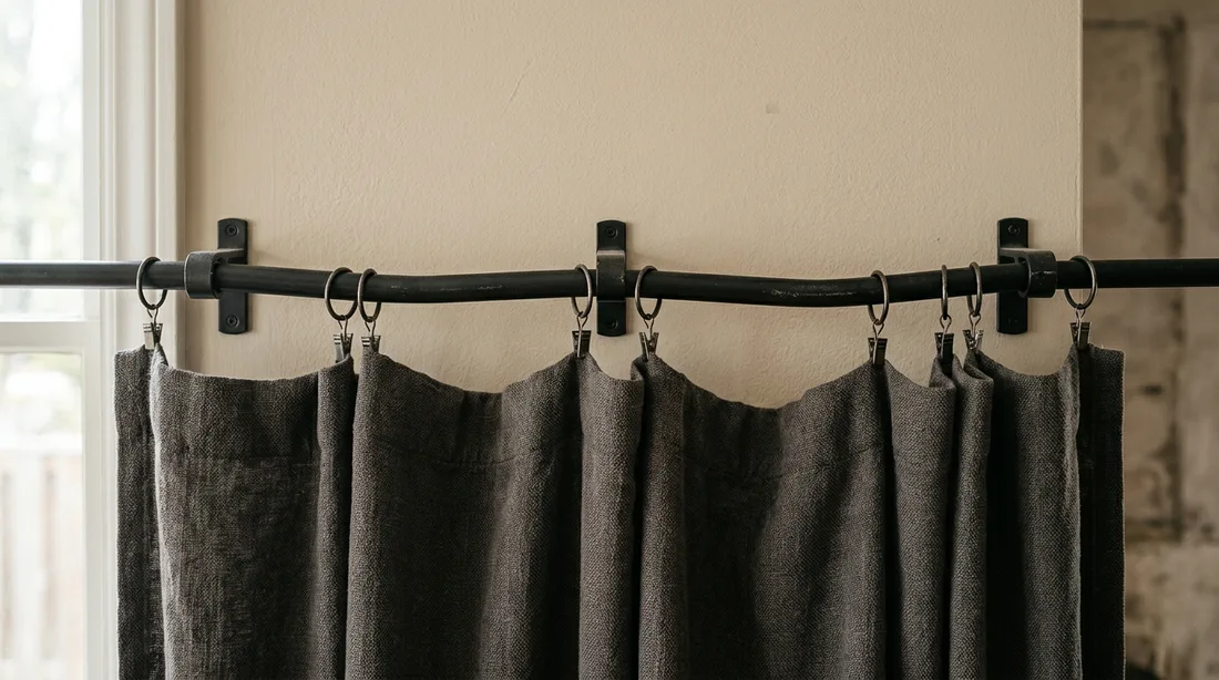 Schwarze Gardinenstange mit drei Wandträgern, die sich unter dem Gewicht einer schweren, dicht gewebten Gardine sichtbar durchbiegt